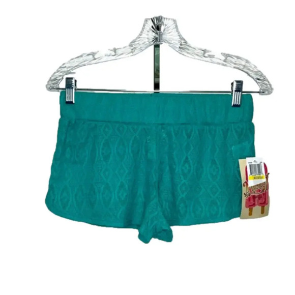 NWT crochet beach shorts lightweight see through teal swim cover up medium - Picture 1 of 10